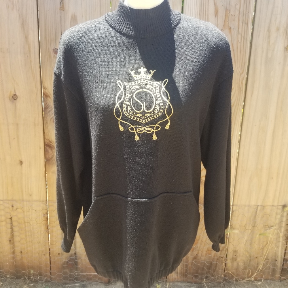 Vintage St John Sportswear by Marie Gray Black Gold Emblem Sweater Made In USA